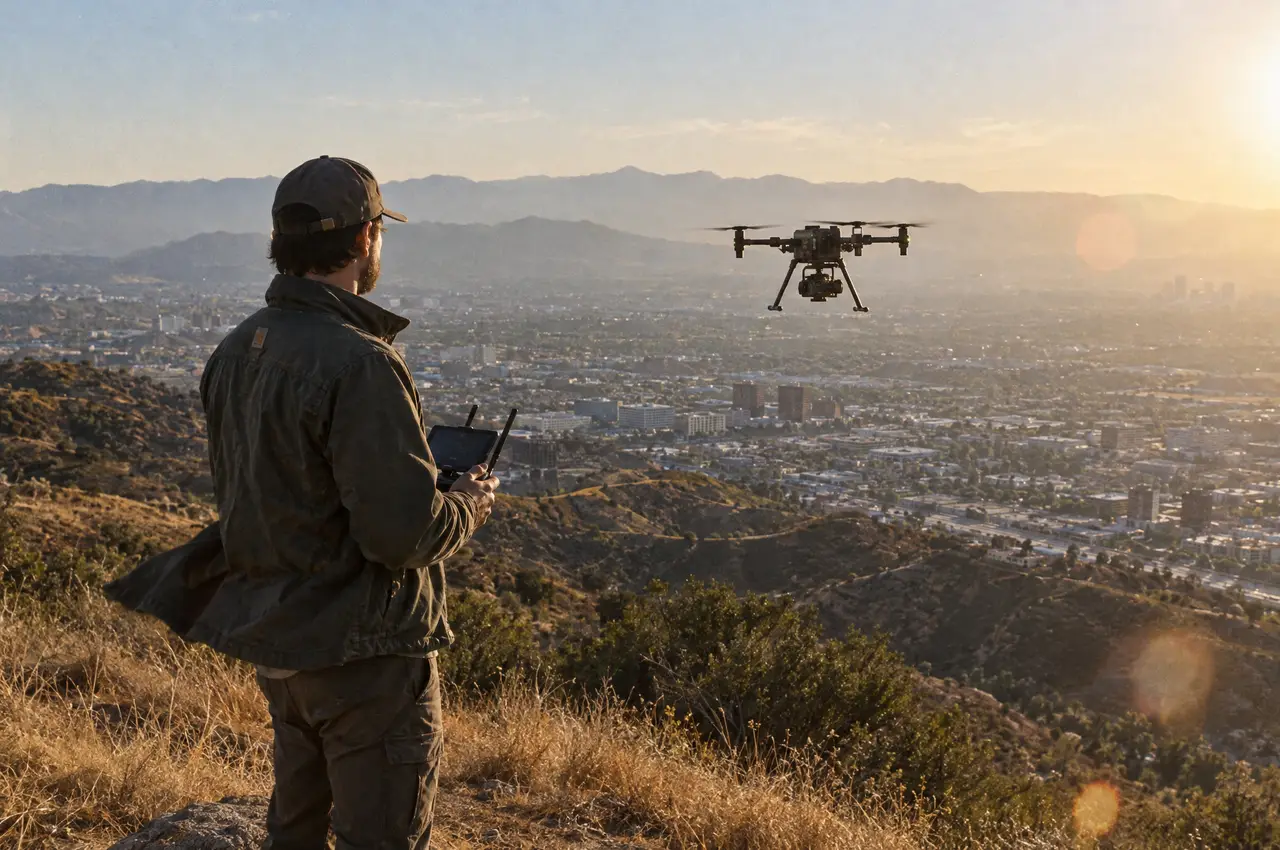 A drone pilot on a dry hillside above Burbank flies a cinema drone over the San Fernando Valley