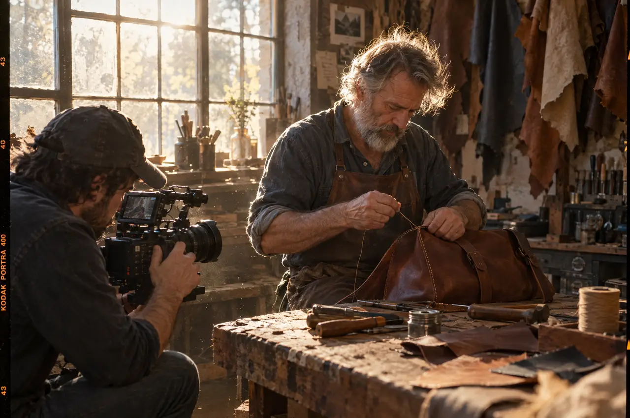 A camera operator films a bearded leather craftsman stitching a bag at a sunlit workbench