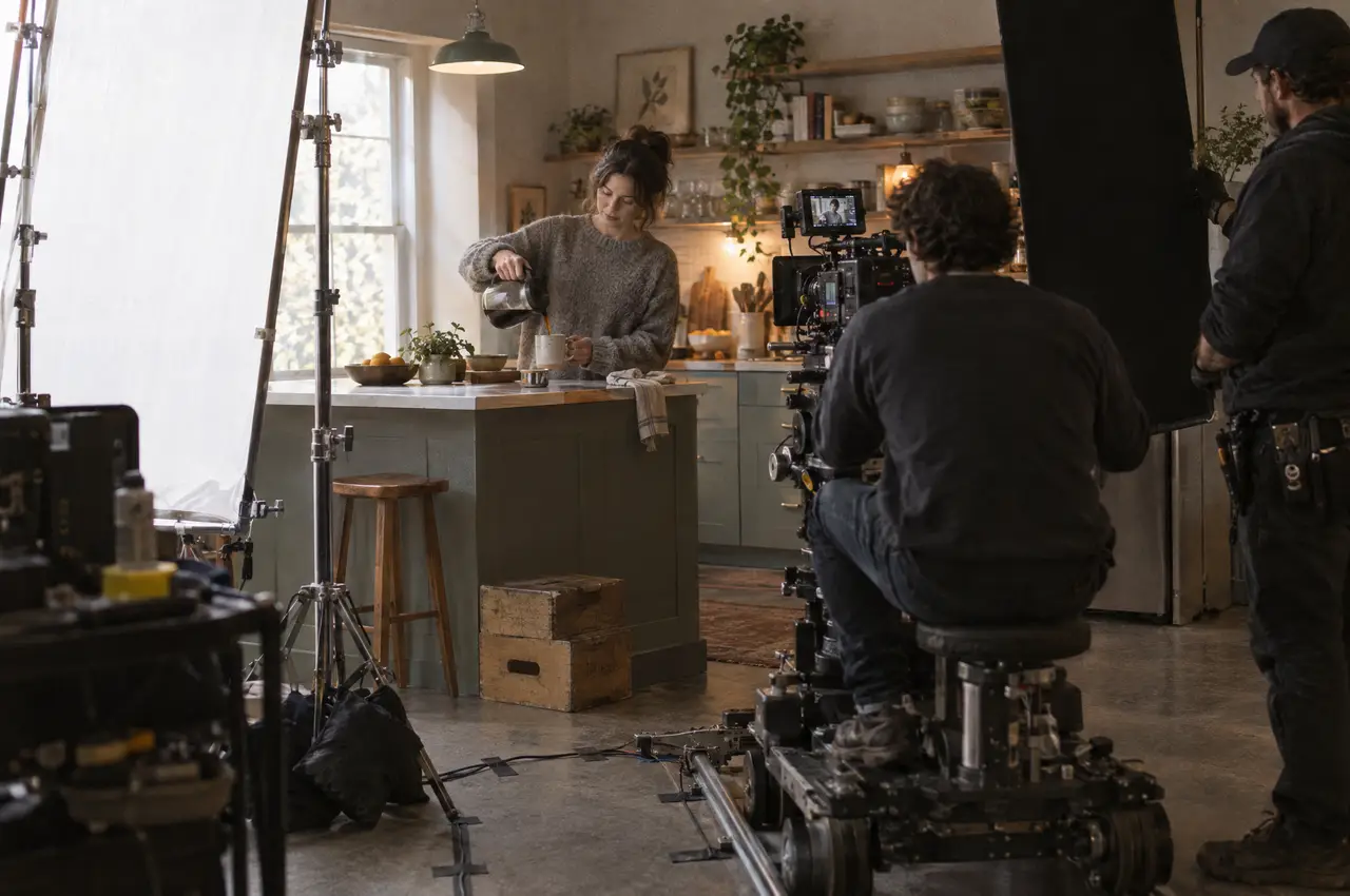 A crew films an actress pouring coffee on a kitchen commercial set lit through a large diffusion frame