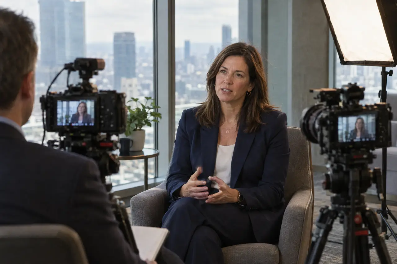 A woman executive is interviewed in a glass-walled office while two cinema cameras record her