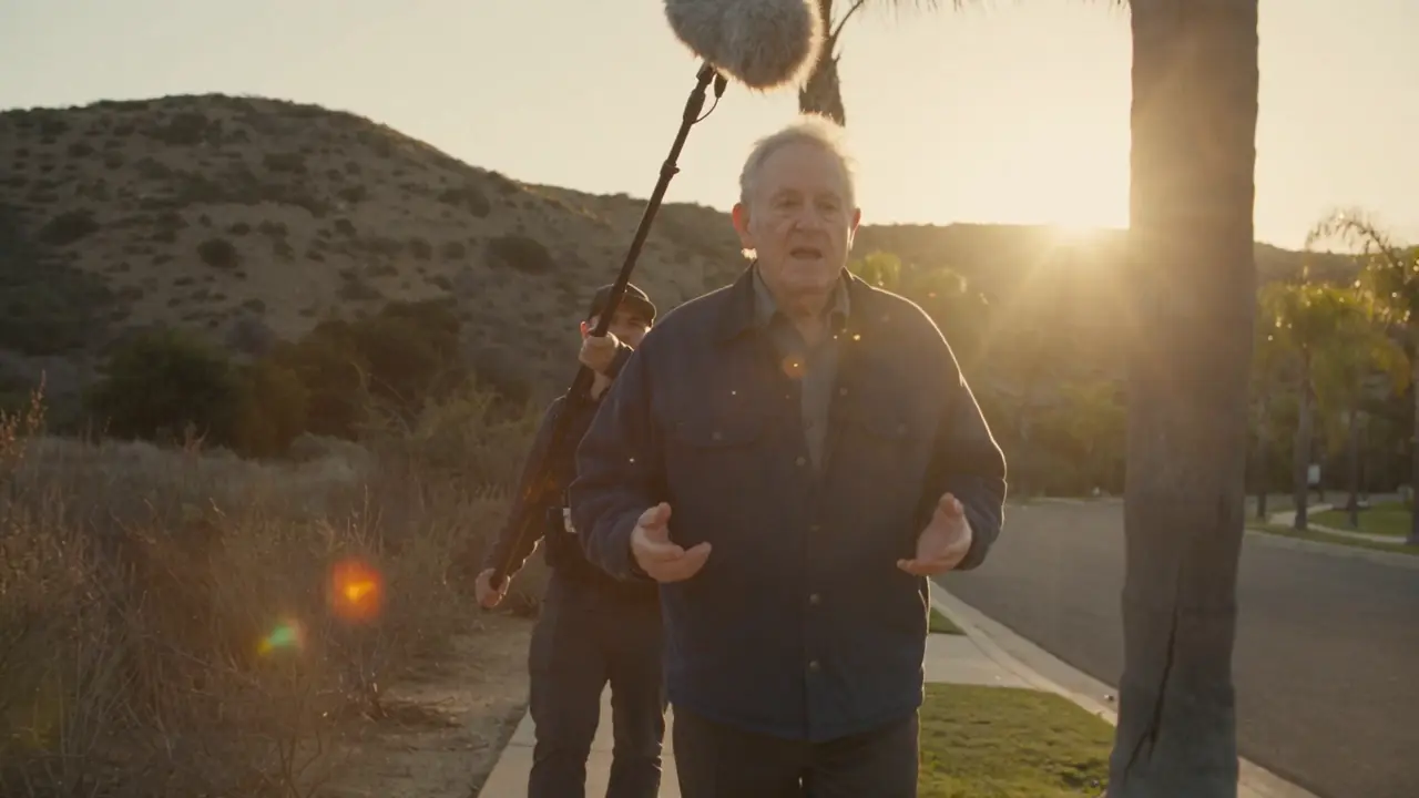 A documentary crew walks with an older man as he talks on a sunlit Burbank street