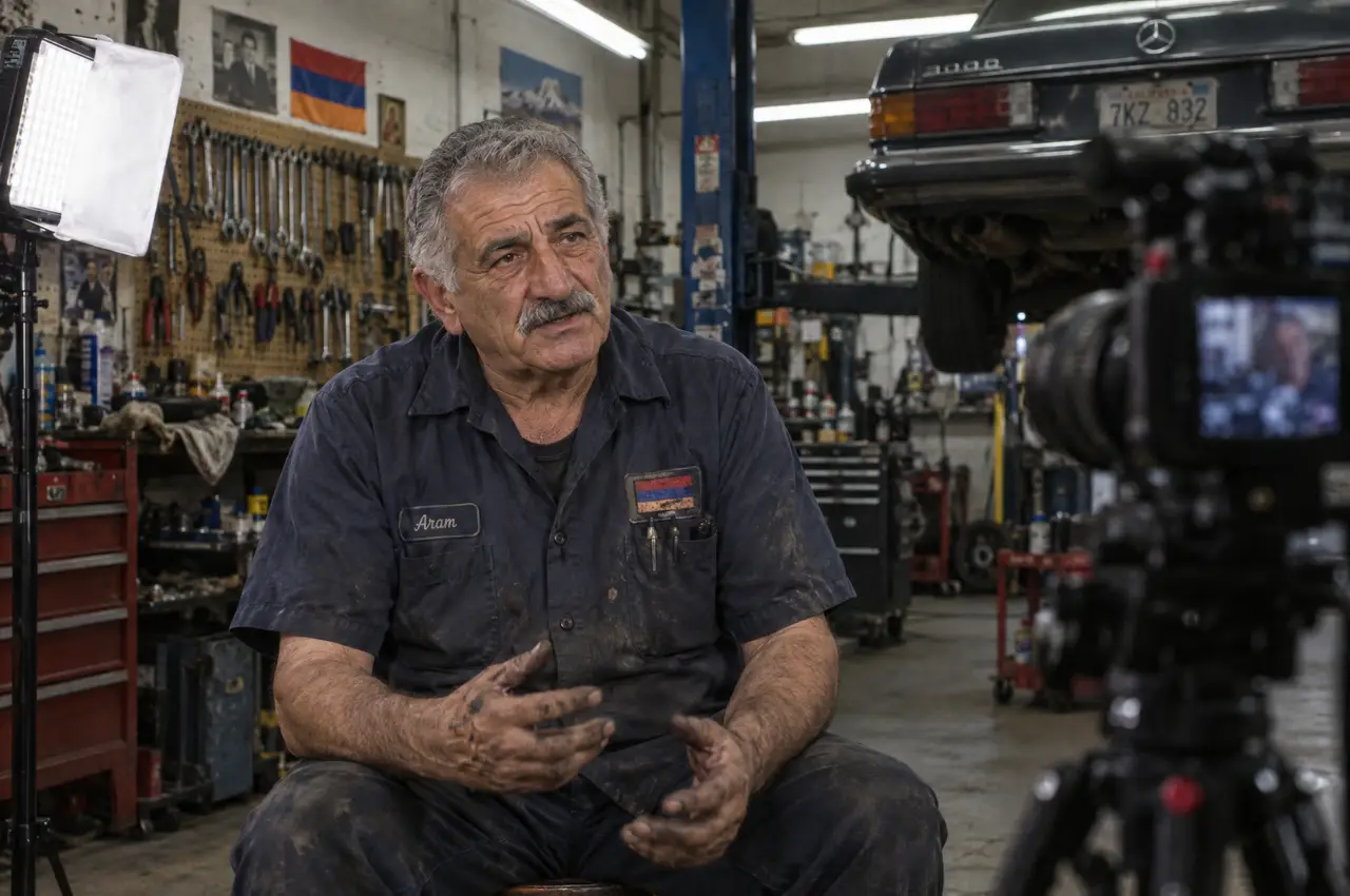 An older mechanic sits on a stool for a documentary interview in a busy auto repair garage