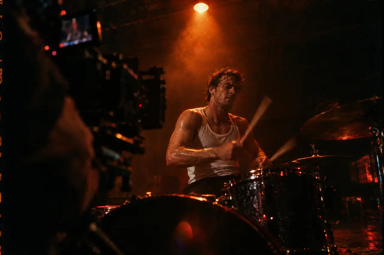 A drummer in a white tank top hits a cymbal under a single hard orange light in a hazy warehouse