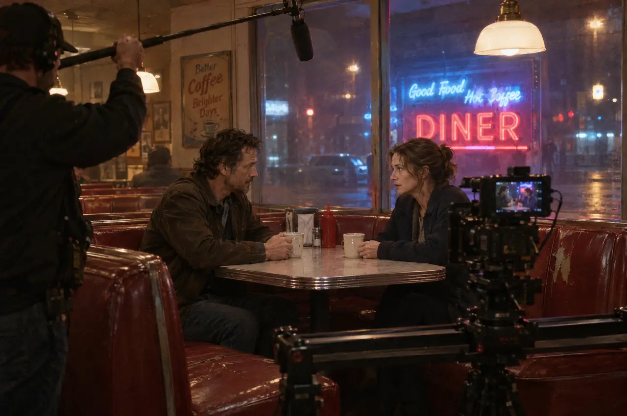 Two actors rehearse in a neon-lit diner booth while a boom operator and camera crew prepare the shot