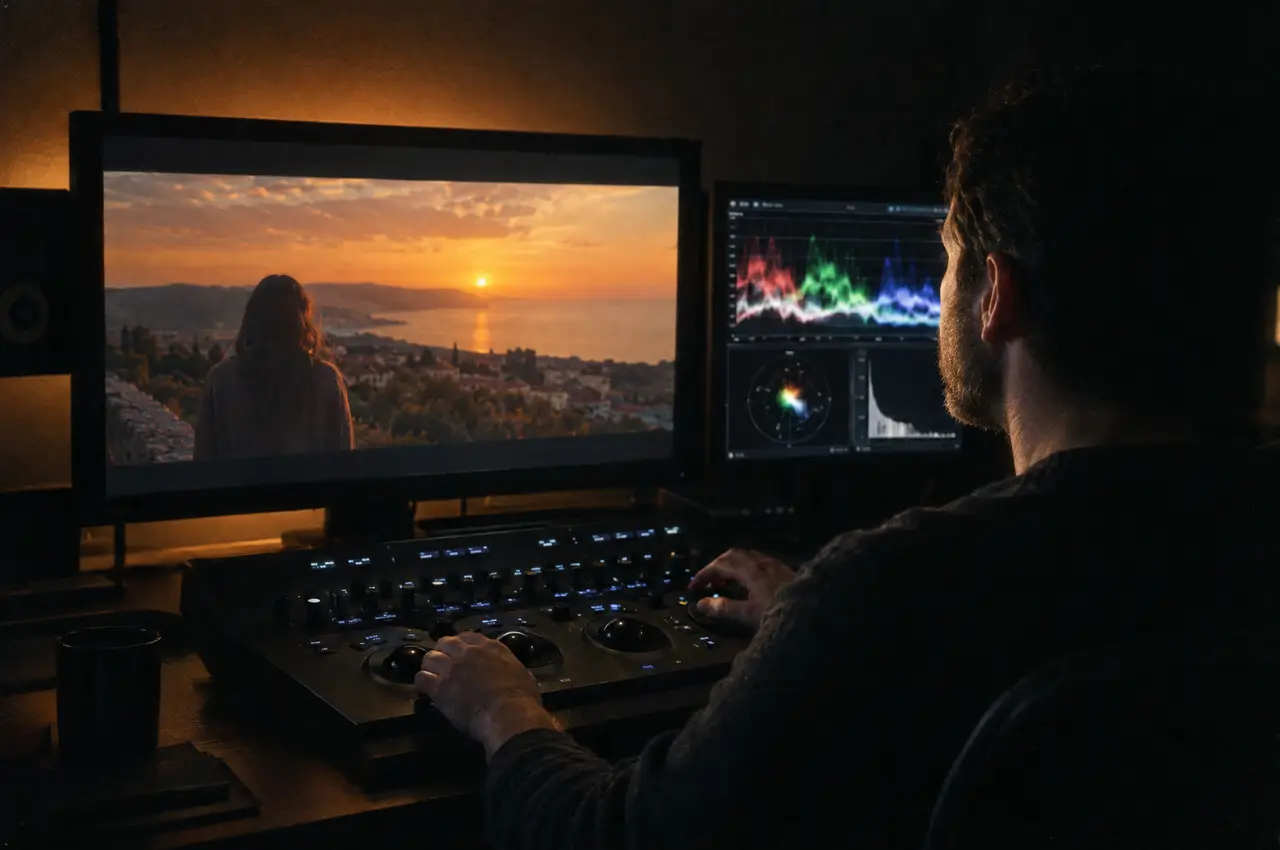 A colorist grades a warm sunset film frame at a control panel in a dark grading suite