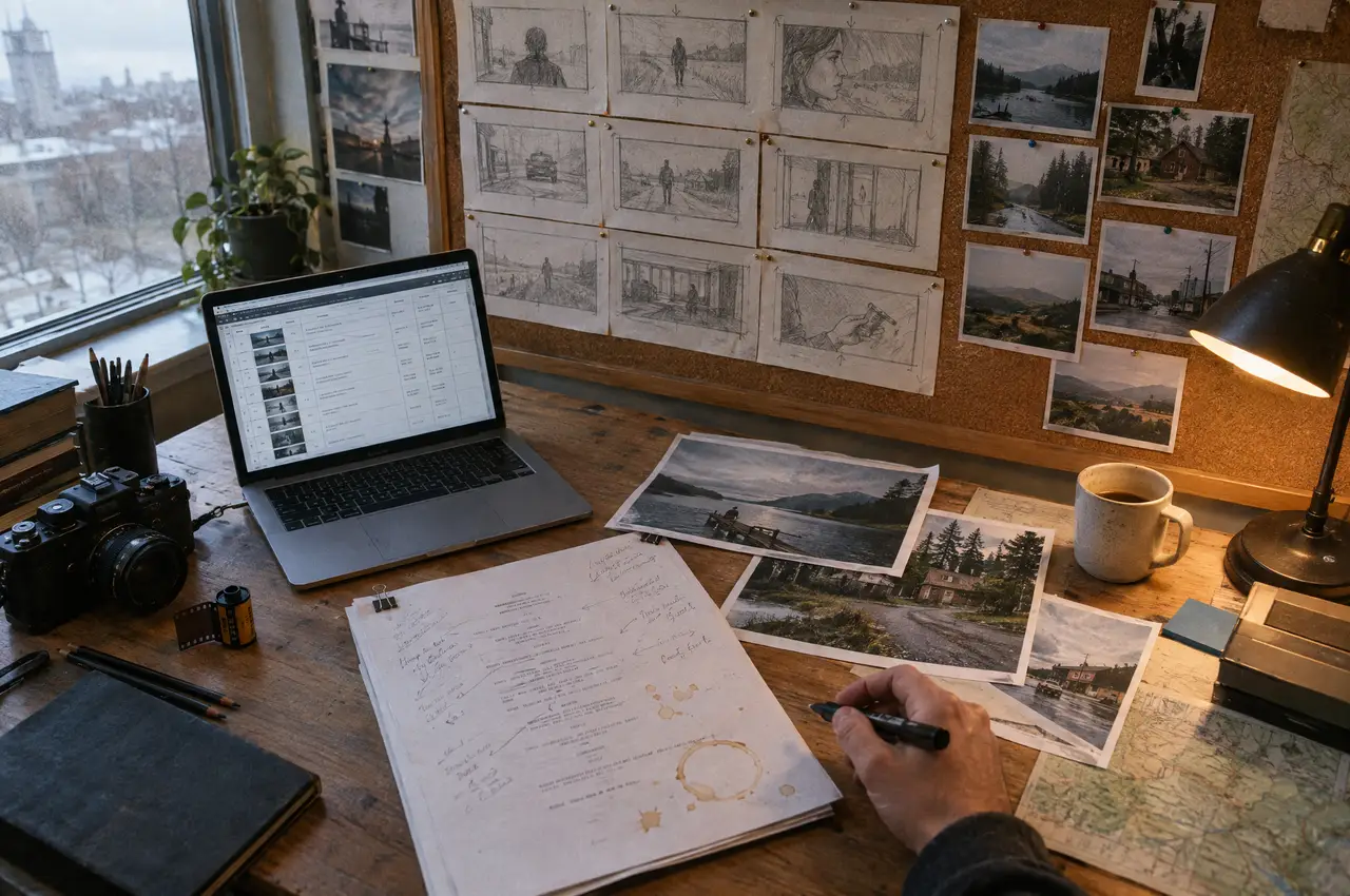 Pencil storyboards pinned to a cork wall above a script with handwritten notes and a laptop with a shot list