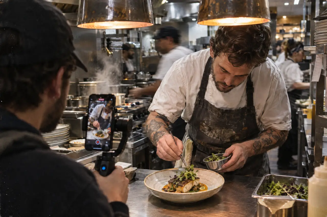 A creator films a tattooed chef plating microgreens in a busy kitchen using a phone on a gimbal
