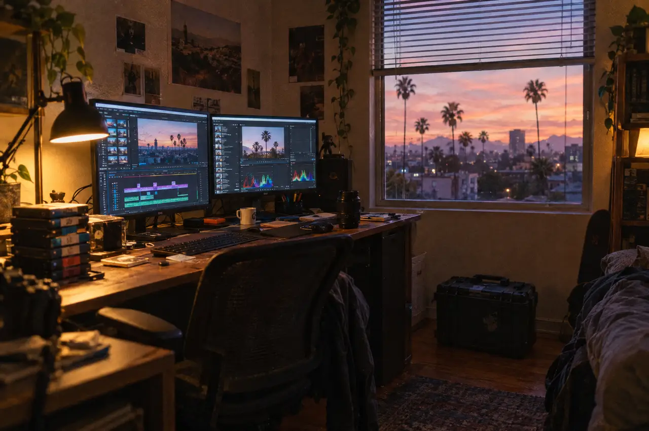 An edit room in Burbank at dusk with two monitors, hard drives and palm trees outside the window