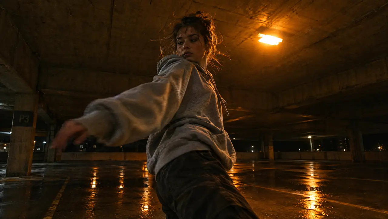 A dancer in a grey hoodie turns mid-move under a single sodium light in an empty parking garage