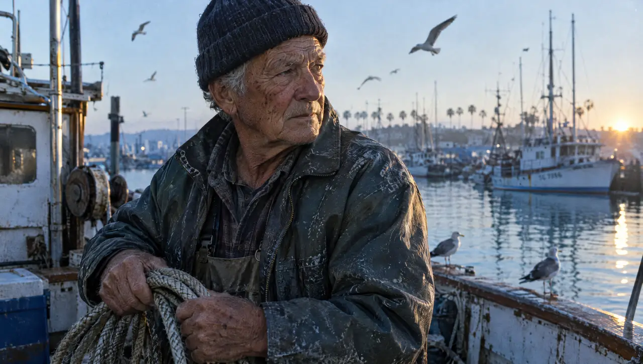 An old fisherman with a weathered face coils rope on a small boat at dawn in a harbor