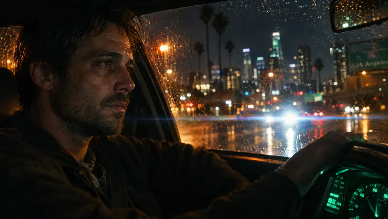A tired man drives at night, his face lit by orange streetlights through a rain-beaded windshield