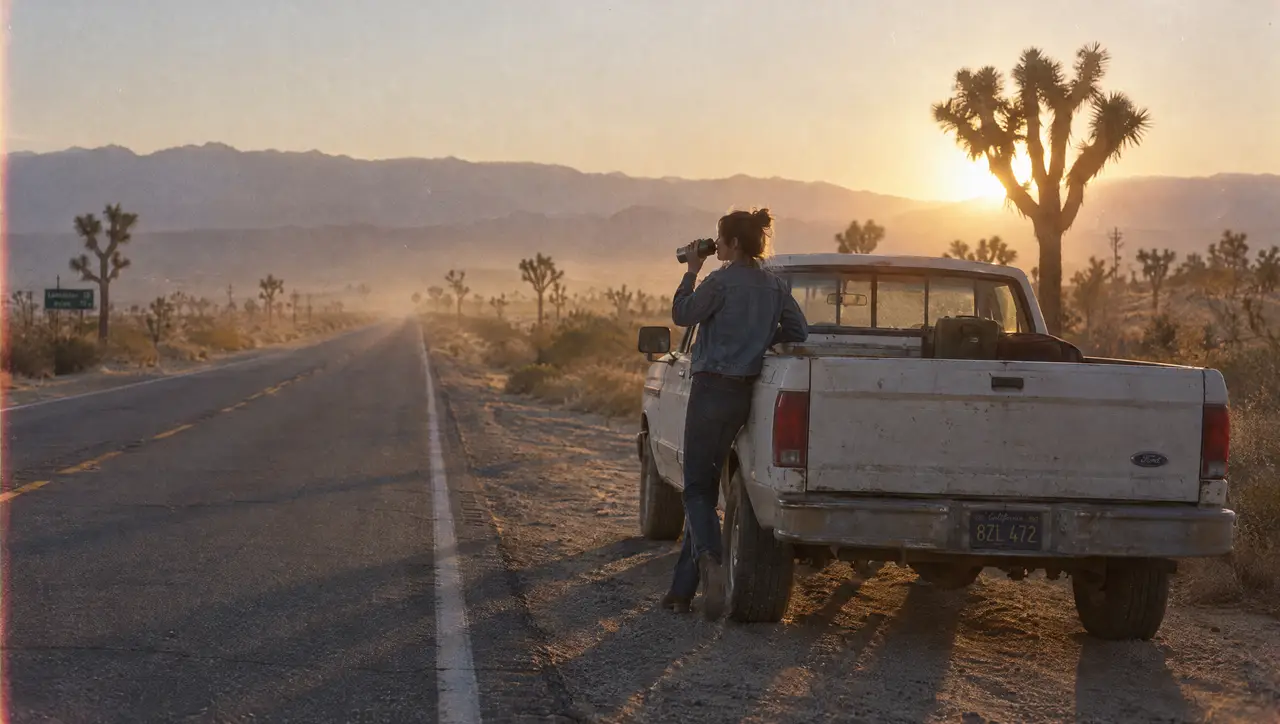 A woman leans on the tailgate of a dusty pickup truck at dawn on an empty desert highway